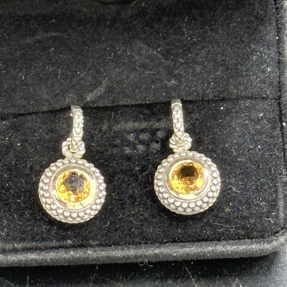 ATR 14K Gold 925 Sterling Silver Citrine Dangle Drop Earrings Caviar Beaded VTG - Picture 5 of 14